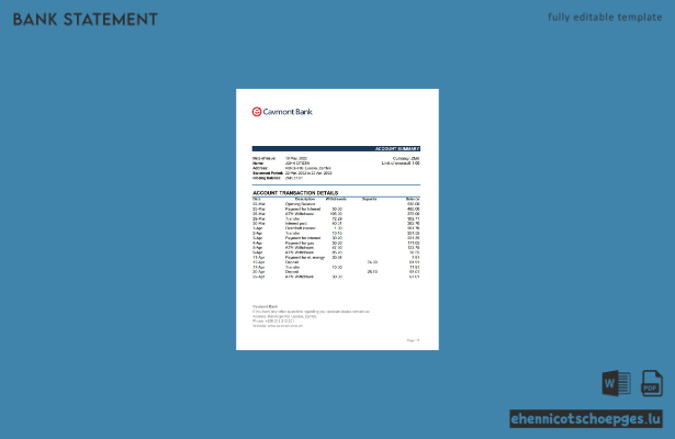 Zambia Cavmont Bank Kontoauszug Excel-Beispielvorschau